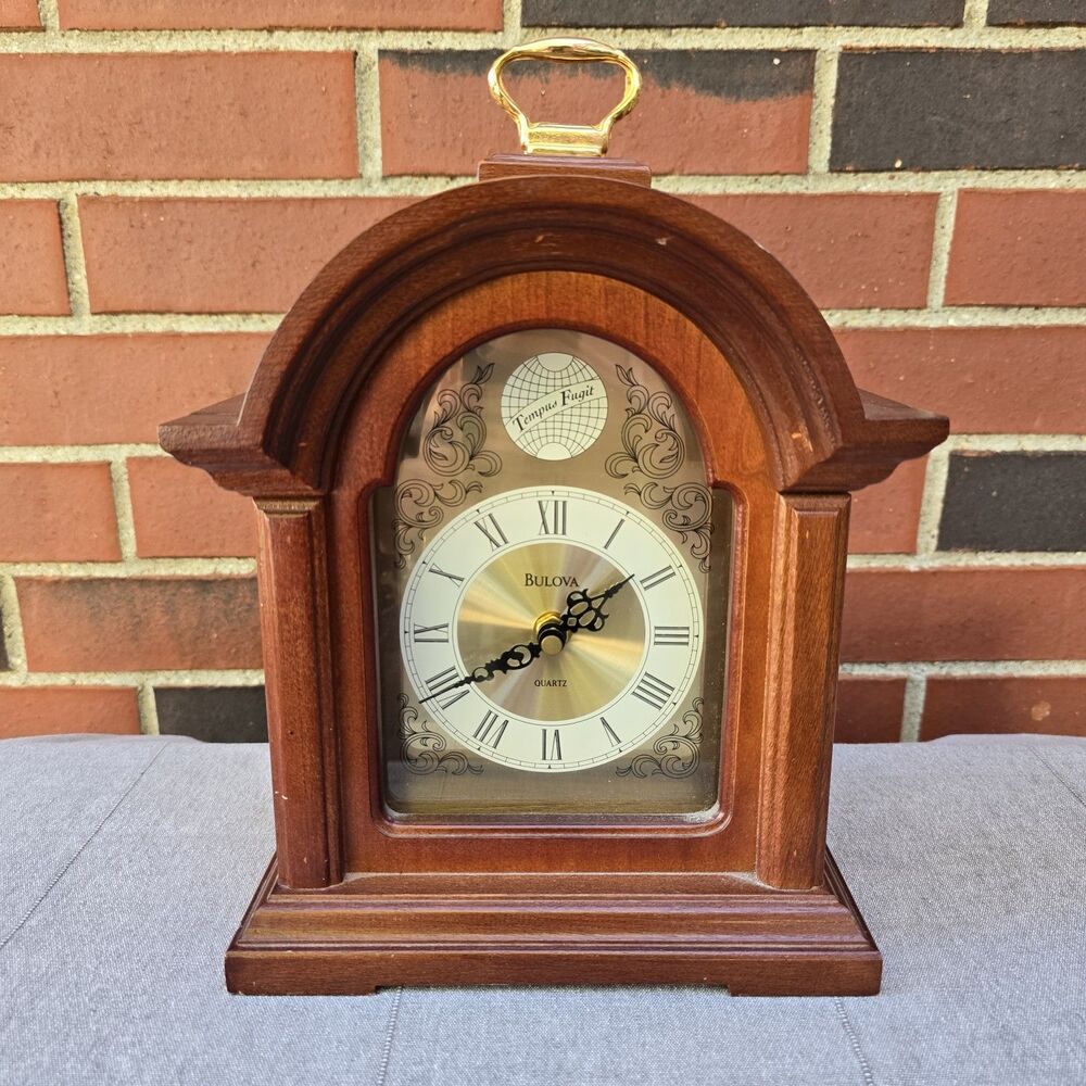 BULOVA Tempus Fugit Vintage Mantle Table Clock Carve Wood Victorian Brass Accent